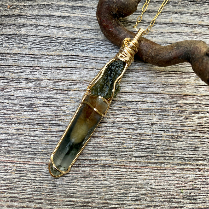 Moldavite and Forest Crystal Actinolite Phantom Quartz Pendant