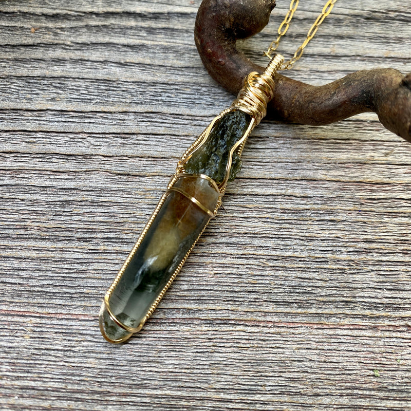 Moldavite and Forest Crystal Actinolite Phantom Quartz Pendant