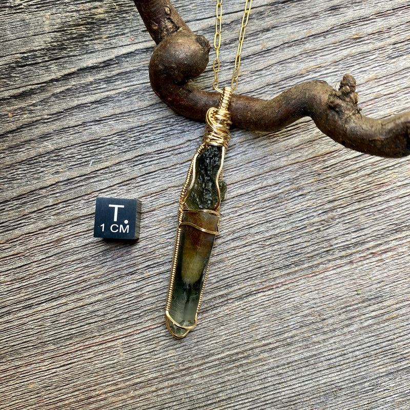 Moldavite and Forest Crystal Actinolite Phantom Quartz Pendant