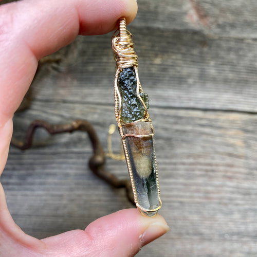 Moldavite and Forest Crystal Actinolite Phantom Quartz Pendant