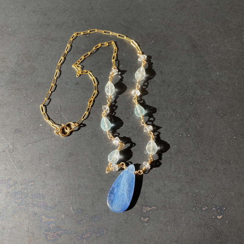 Blue Kyanite, Aquamarine and Herkimer Diamond Necklace