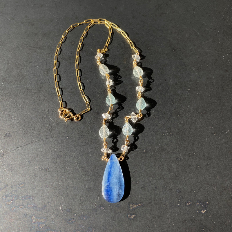 Blue Kyanite, Aquamarine and Herkimer Diamond Necklace