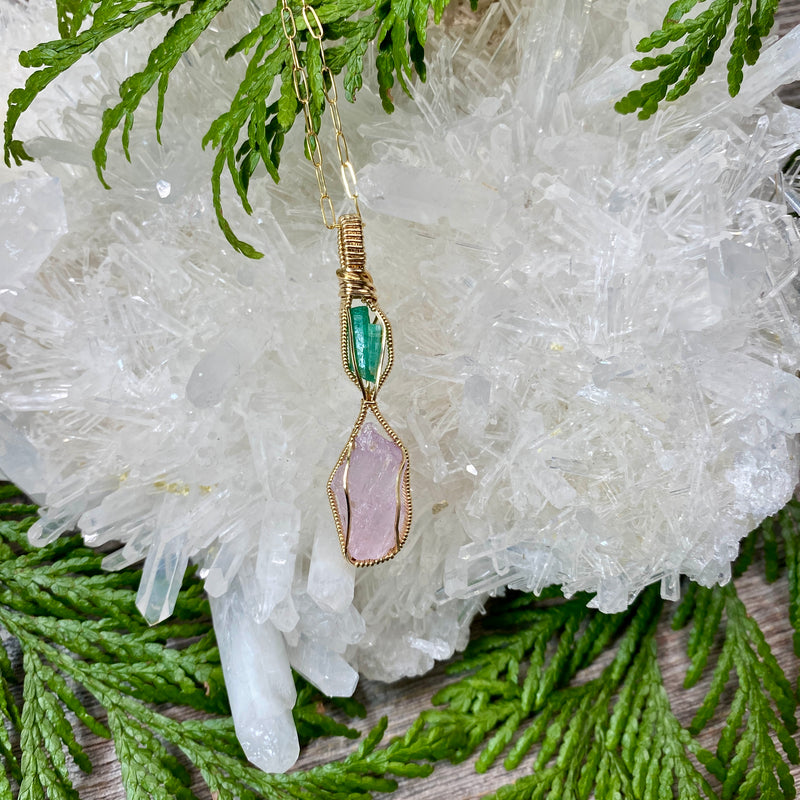 Emerald and Kunzite Crystal Pendant