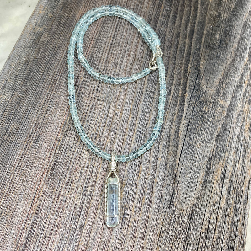 Aquamarine Beaded Necklace and Crystal Pendant