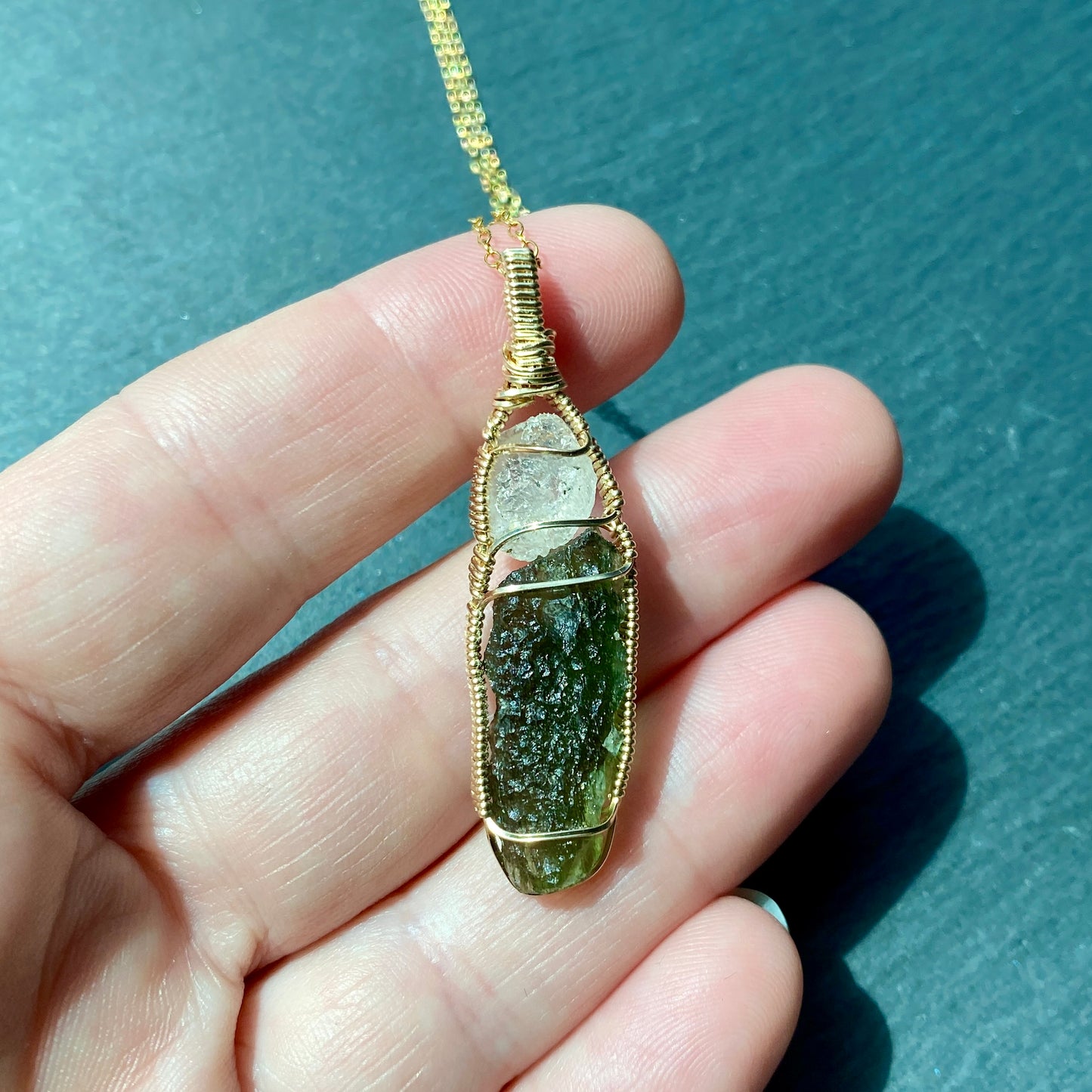 Phenakite and Moldavite Pendant