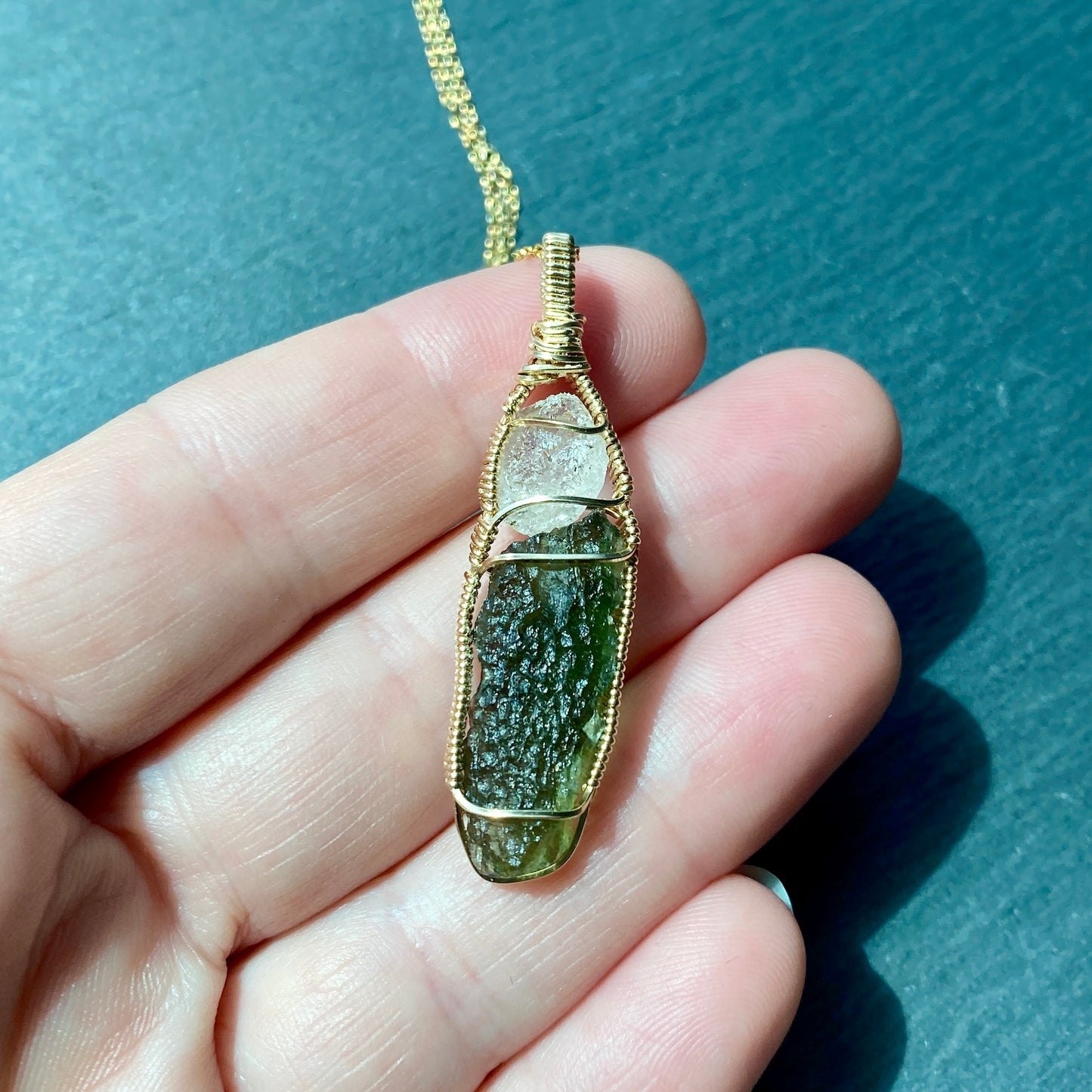 Phenakite and Moldavite Pendant