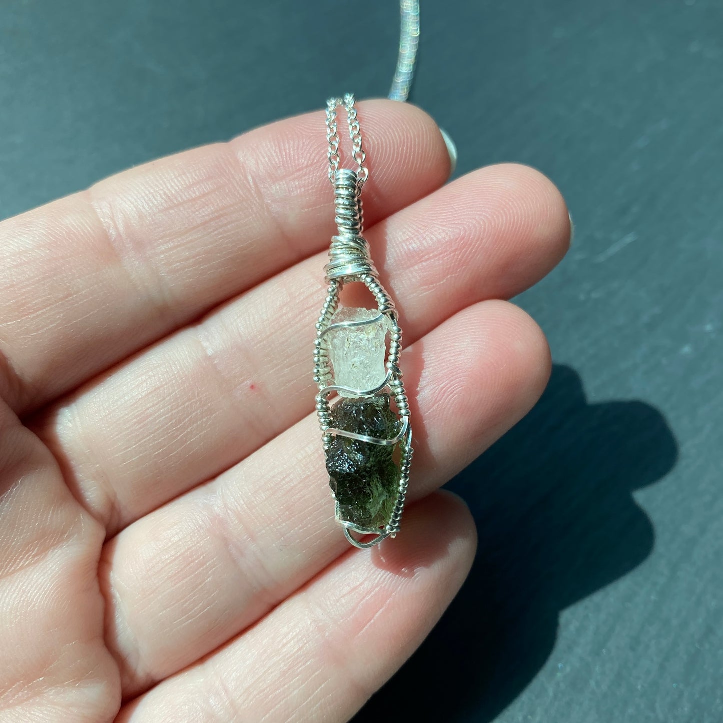 Phenakite and Moldavite Pendant