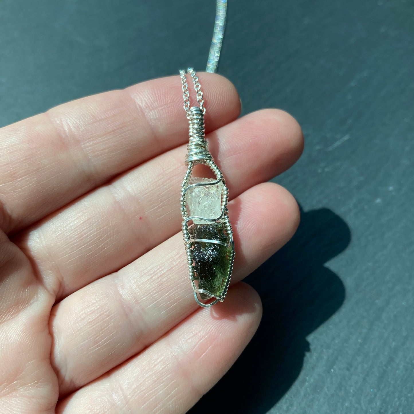 Phenakite and Moldavite Pendant