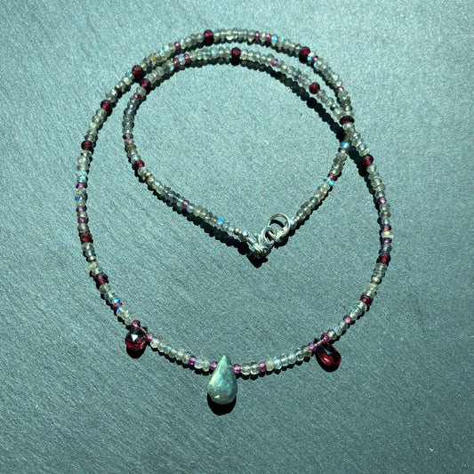 Magic Talisman: Labradorite and Garnet Gemstone Necklace