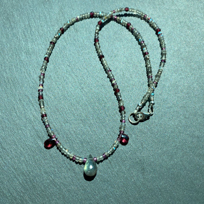 Magic Talisman: Labradorite and Garnet Gemstone Necklace