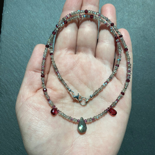 Magic Talisman: Labradorite and Garnet Gemstone Necklace