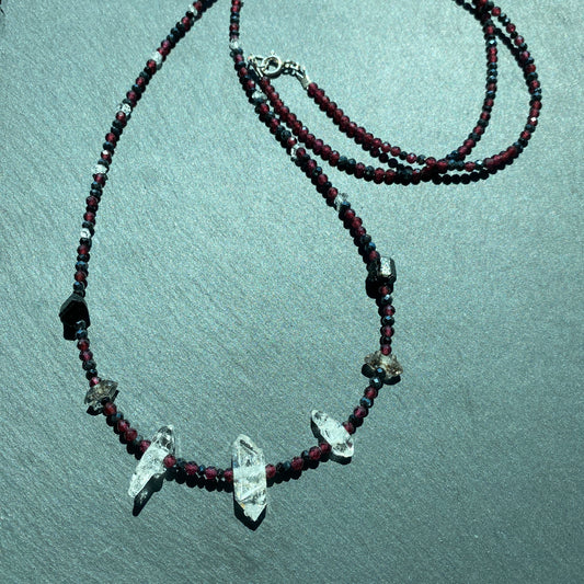 Magic Protection Talisman: Garnet, Black Tourmaline, Clear & Smoky Quartz Crystals and Spinel Gemstone Necklace
