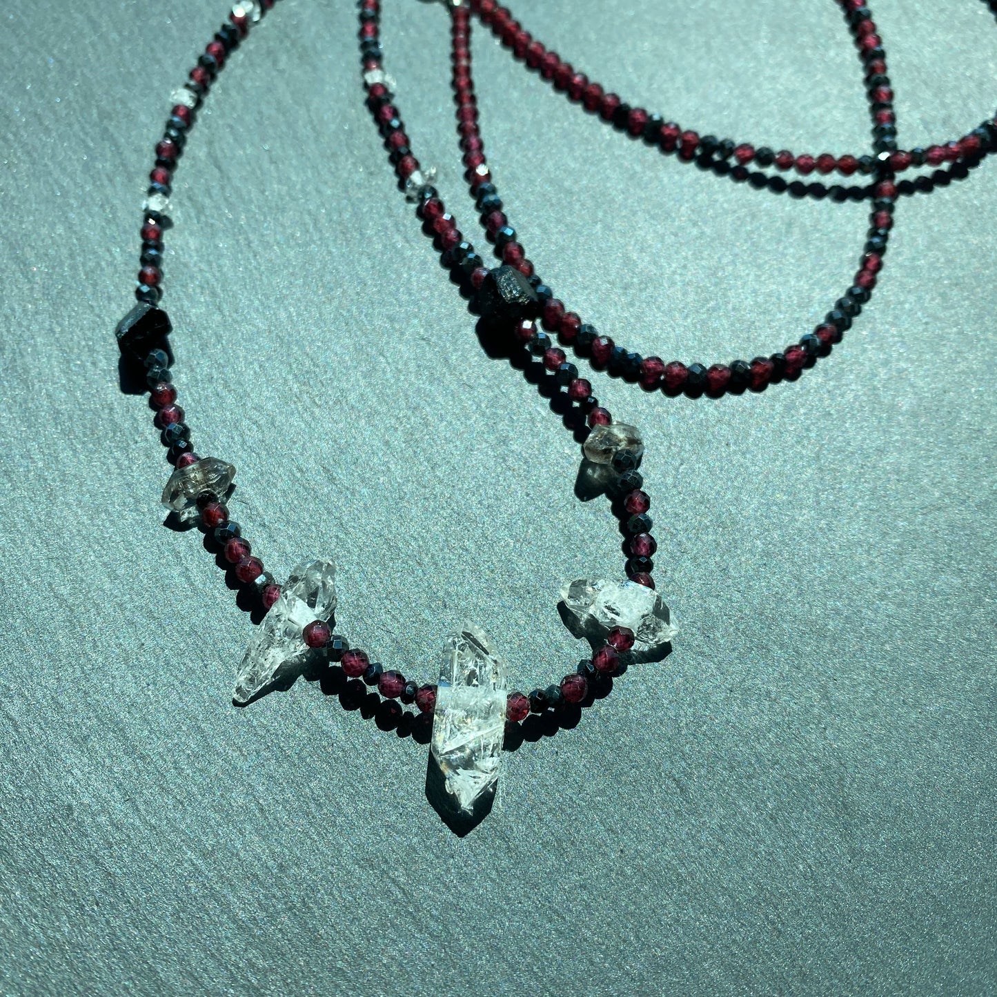 Magic Protection Talisman: Garnet, Black Tourmaline, Clear & Smoky Quartz Crystals and Spinel Gemstone Necklace