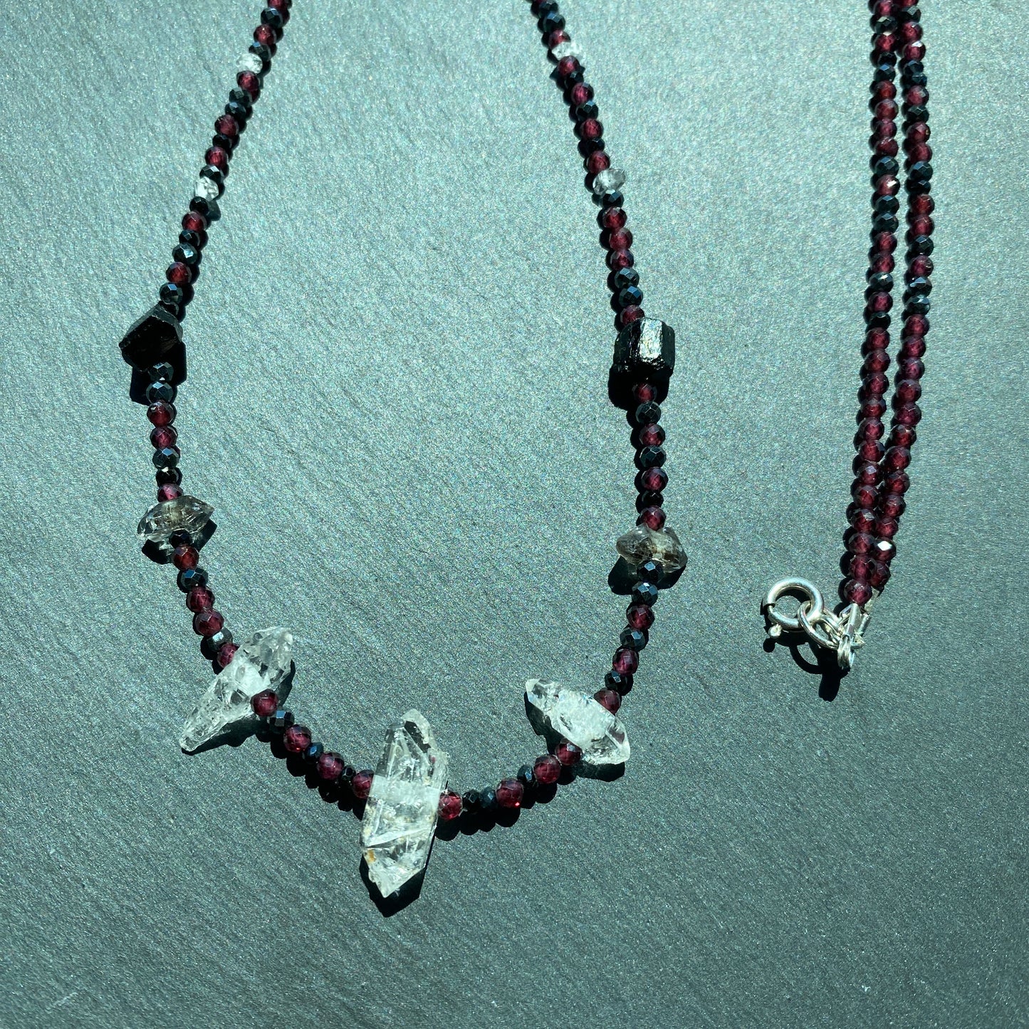 Magic Protection Talisman: Garnet, Black Tourmaline, Clear & Smoky Quartz Crystals and Spinel Gemstone Necklace