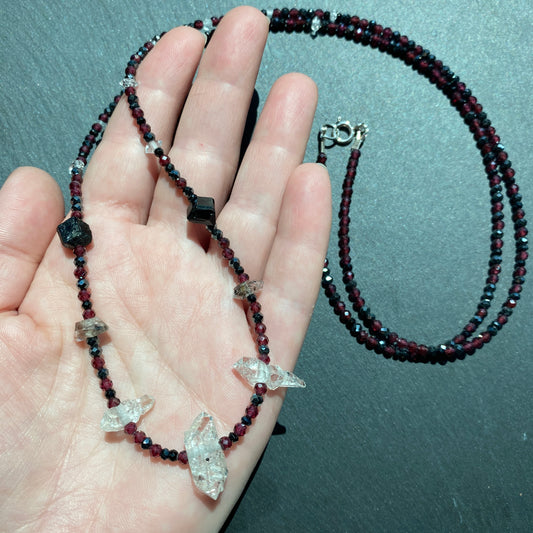Magic Protection Talisman: Garnet, Black Tourmaline, Clear & Smoky Quartz Crystals and Spinel Gemstone Necklace
