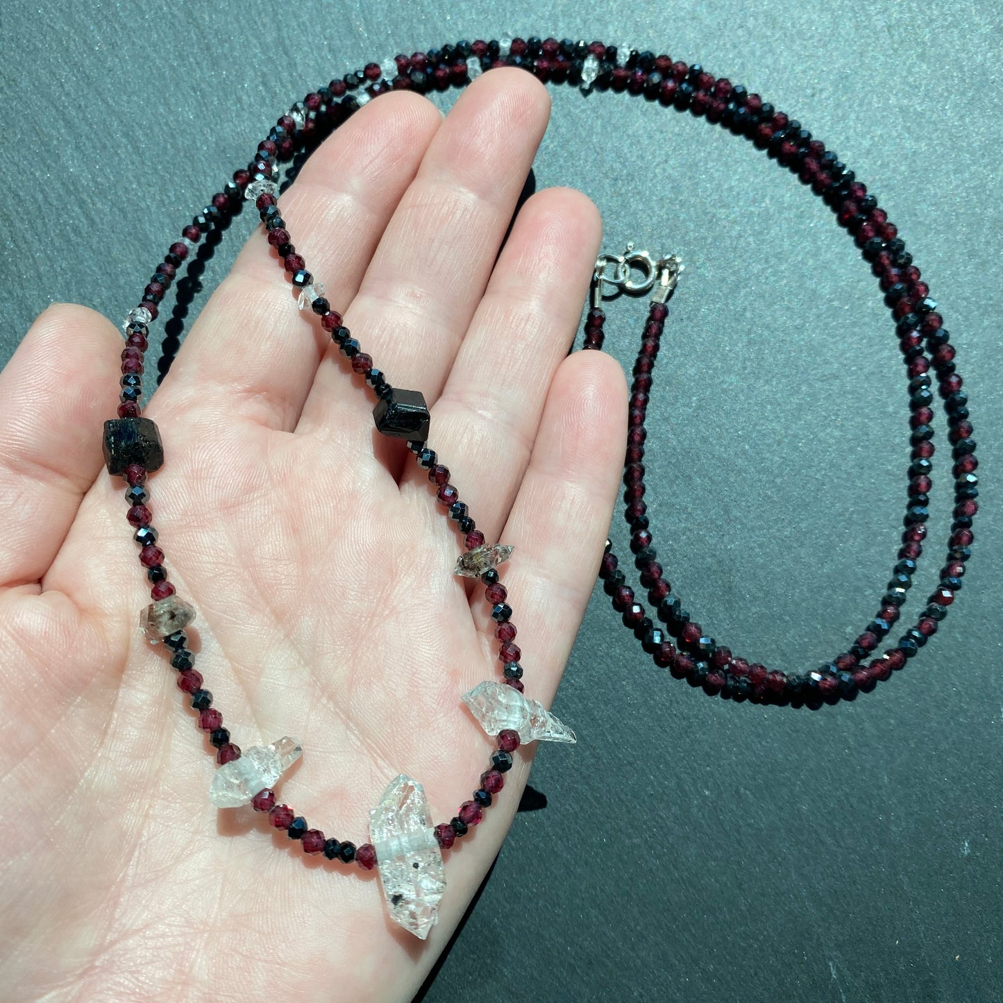 Magic Protection Talisman: Garnet, Black Tourmaline, Clear & Smoky Quartz Crystals and Spinel Gemstone Necklace