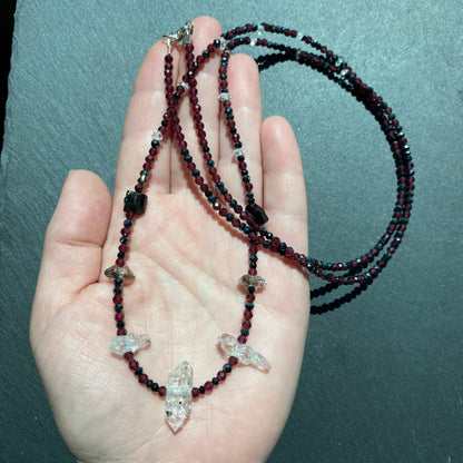 Magic Protection Talisman: Garnet, Black Tourmaline, Clear & Smoky Quartz Crystals and Spinel Gemstone Necklace
