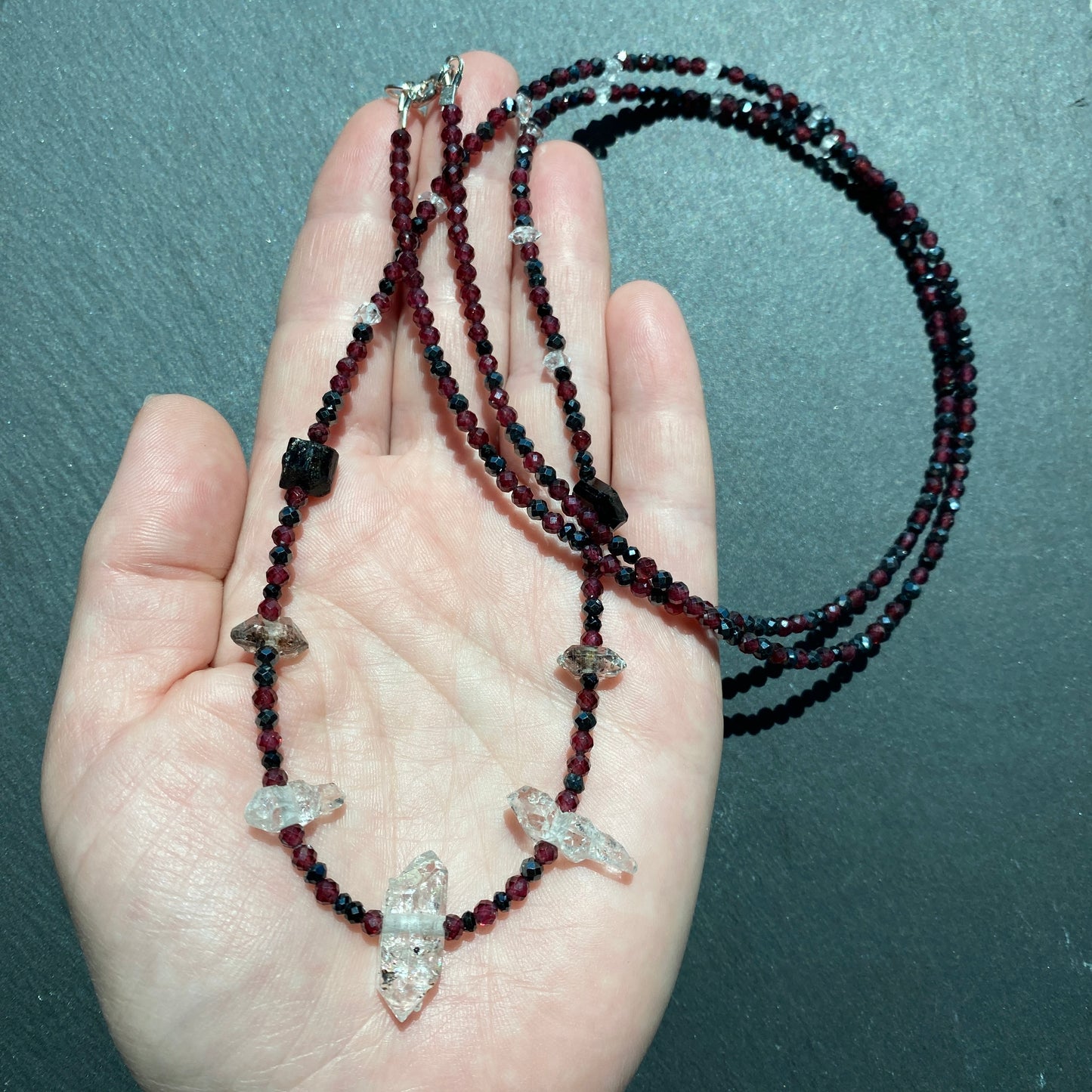 Magic Protection Talisman: Garnet, Black Tourmaline, Clear & Smoky Quartz Crystals and Spinel Gemstone Necklace