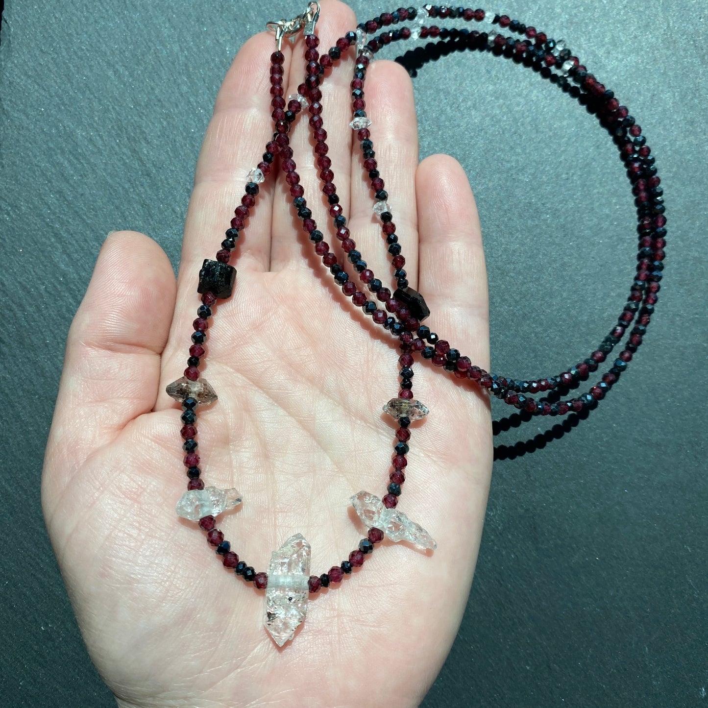Magic Protection Talisman: Garnet, Black Tourmaline, Clear & Smoky Quartz Crystals and Spinel Gemstone Necklace
