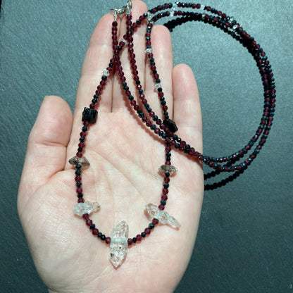 Magic Protection Talisman: Garnet, Black Tourmaline, Clear & Smoky Quartz Crystals and Spinel Gemstone Necklace