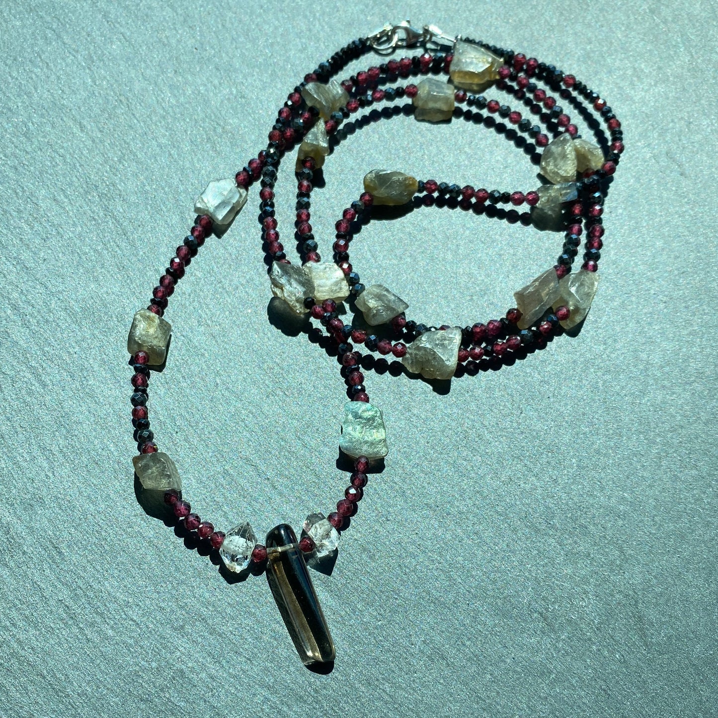 Magic Protection Talisman: Labradorite, Garnet, Smoky Quartz, Quartz Crystals and Spinel Gemstone Necklace