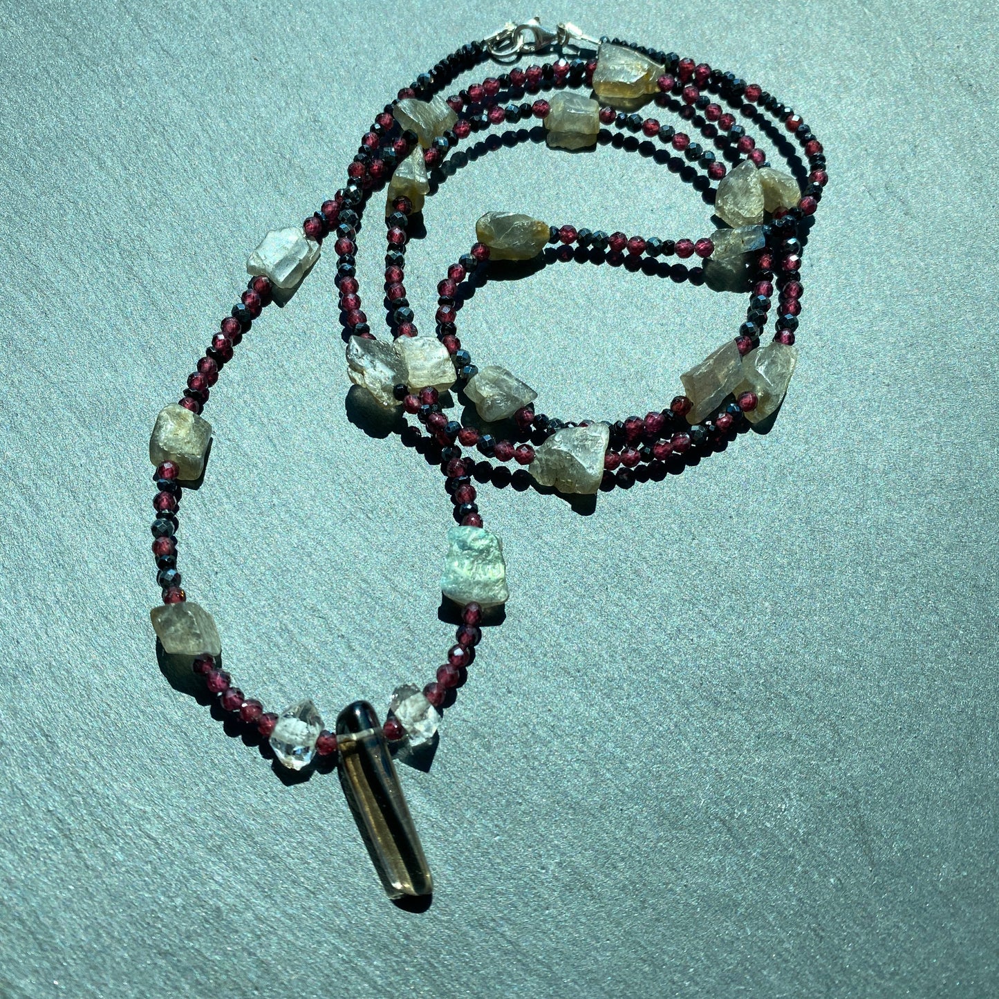Magic Protection Talisman: Labradorite, Garnet, Smoky Quartz, Quartz Crystals and Spinel Gemstone Necklace