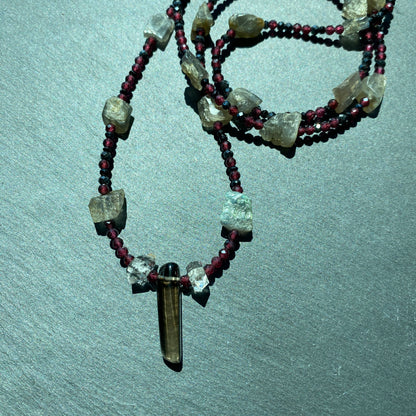 Magic Protection Talisman: Labradorite, Garnet, Smoky Quartz, Quartz Crystals and Spinel Gemstone Necklace