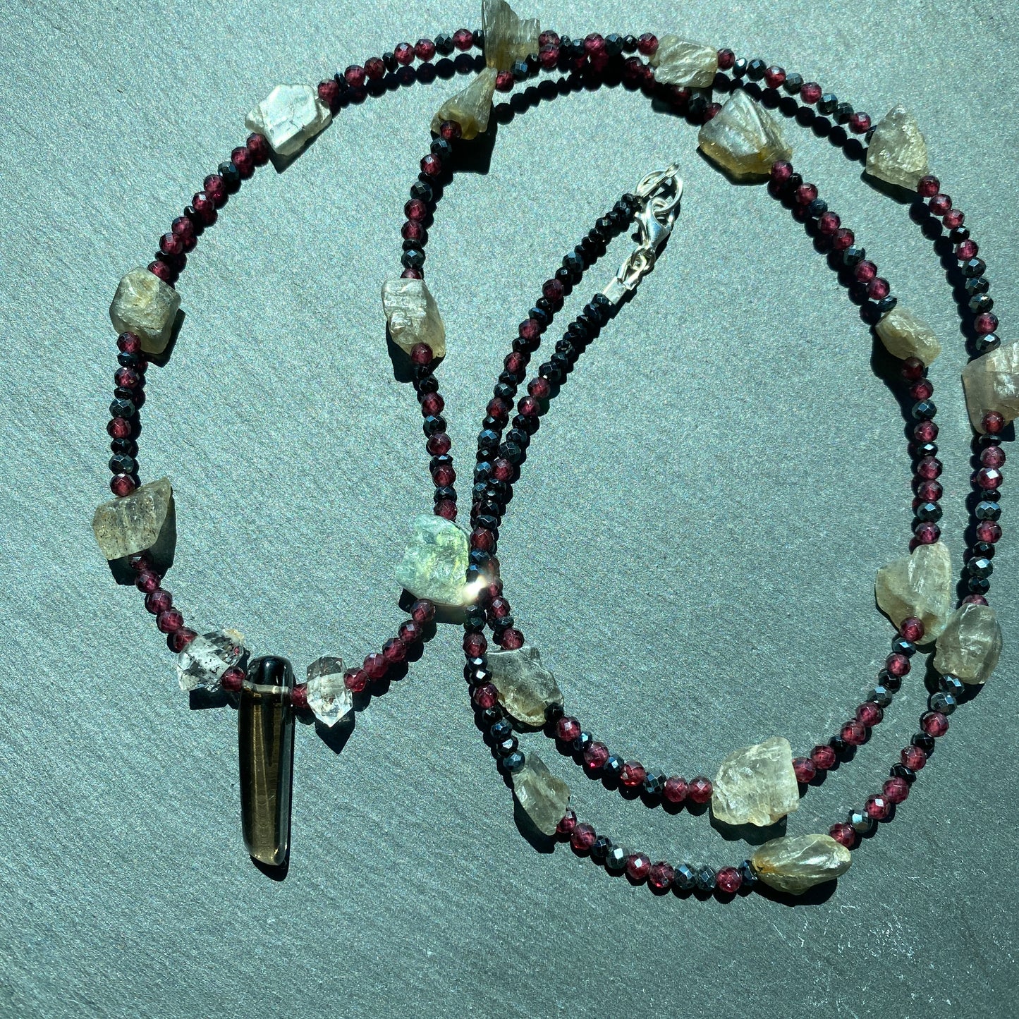 Magic Protection Talisman: Labradorite, Garnet, Smoky Quartz, Quartz Crystals and Spinel Gemstone Necklace
