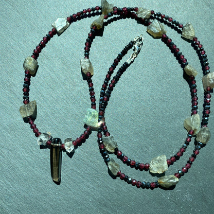 Magic Protection Talisman: Labradorite, Garnet, Smoky Quartz, Quartz Crystals and Spinel Gemstone Necklace