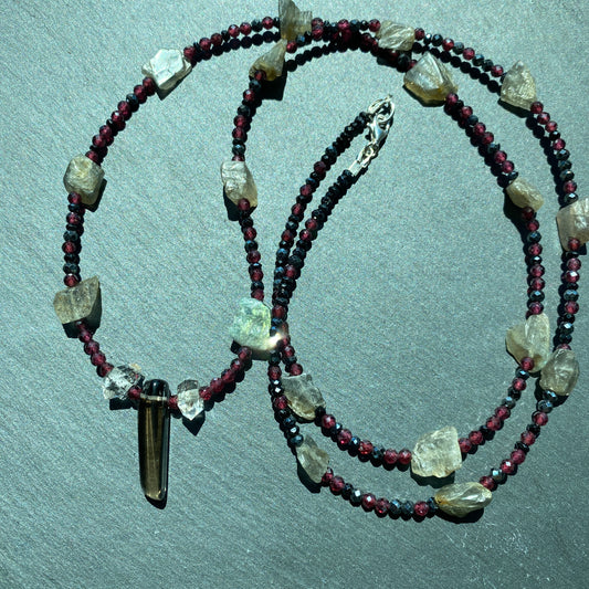 Magic Protection Talisman: Labradorite, Garnet, Smoky Quartz, Quartz Crystals and Spinel Gemstone Necklace