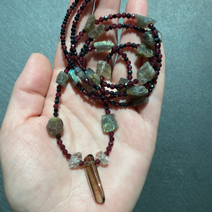 Magic Protection Talisman: Labradorite, Garnet, Smoky Quartz, Quartz Crystals and Spinel Gemstone Necklace