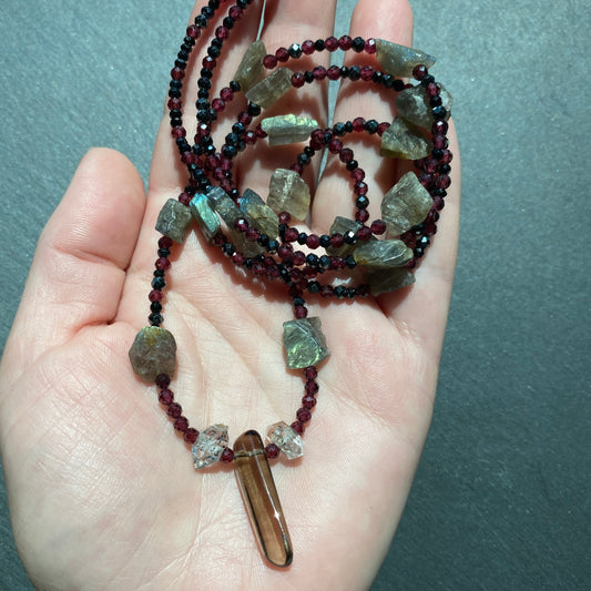 Magic Protection Talisman: Labradorite, Garnet, Smoky Quartz, Quartz Crystals and Spinel Gemstone Necklace