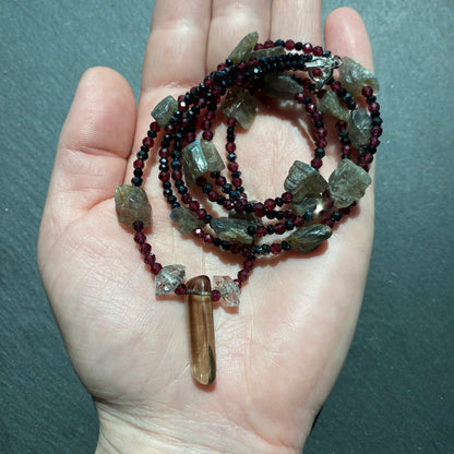 Magic Protection Talisman: Labradorite, Garnet, Smoky Quartz, Quartz Crystals and Spinel Gemstone Necklace