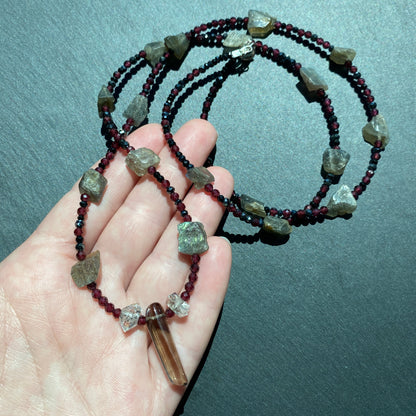 Magic Protection Talisman: Labradorite, Garnet, Smoky Quartz, Quartz Crystals and Spinel Gemstone Necklace