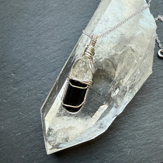 Tibetan Quartz and Black Tourmaline Crystal Pendant