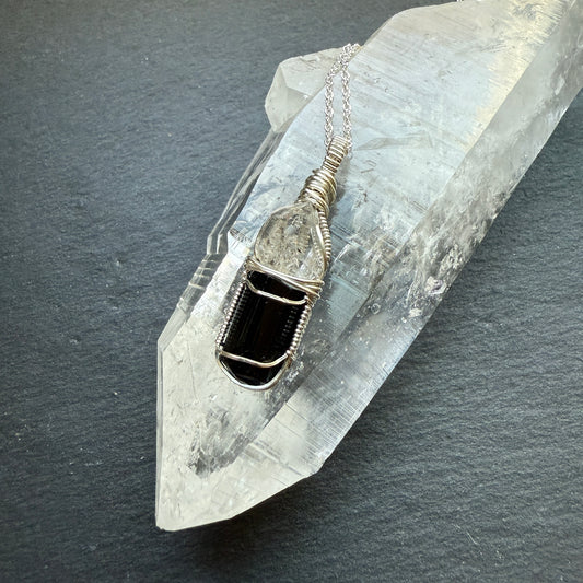 Tibetan Quartz and Black Tourmaline Crystal Pendant