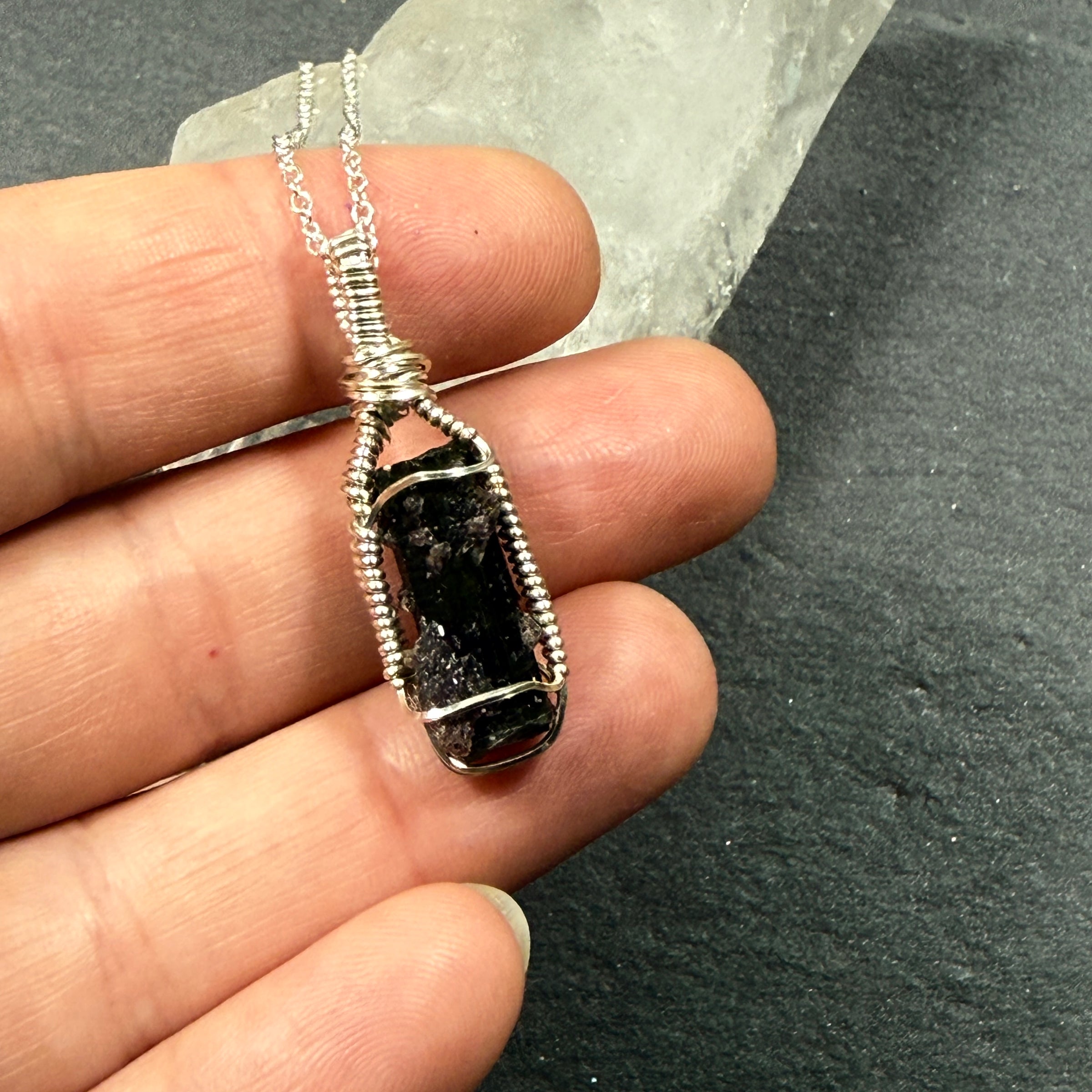 Green Tourmaline with Lepidolite Crystal Pendant