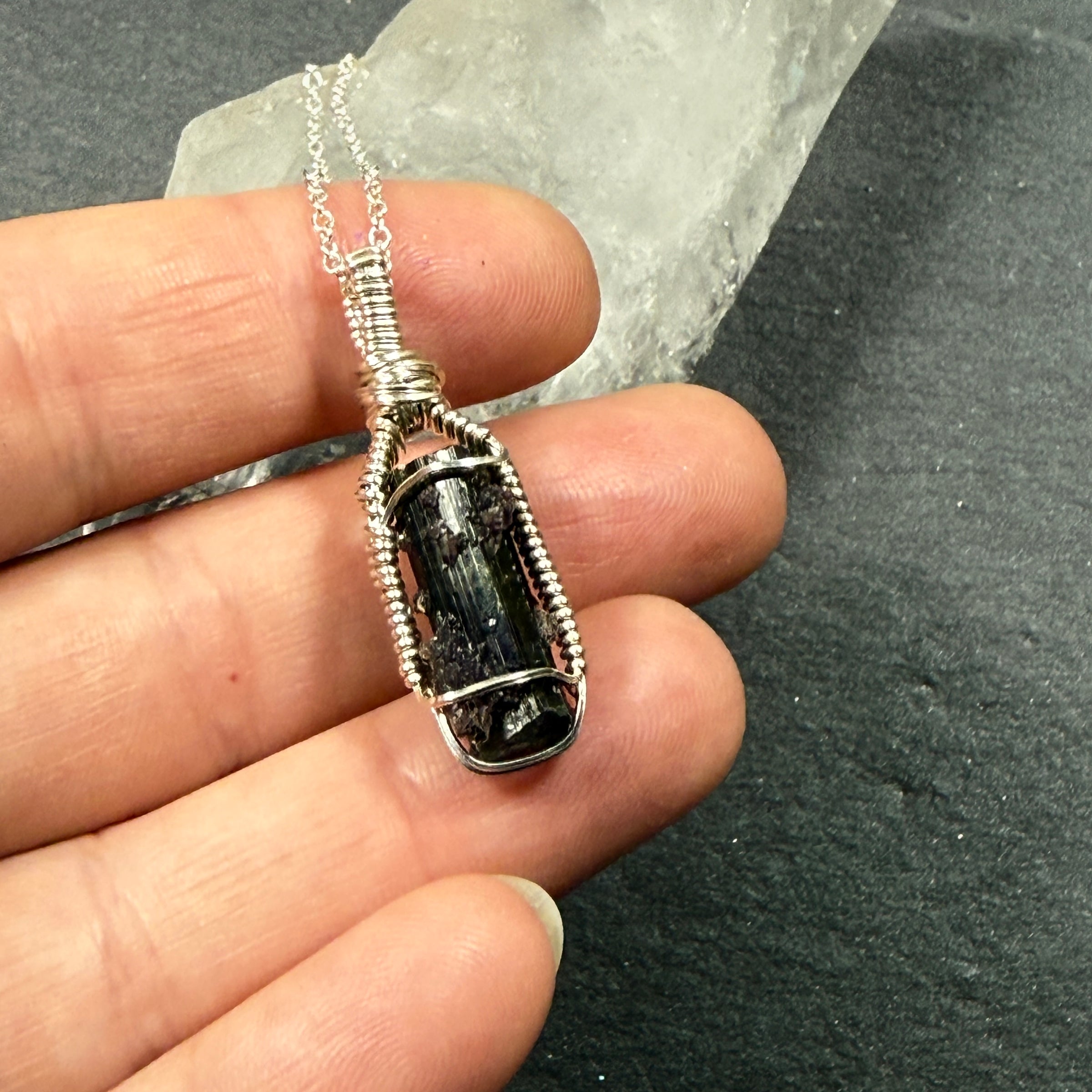 Green Tourmaline with Lepidolite Crystal Pendant