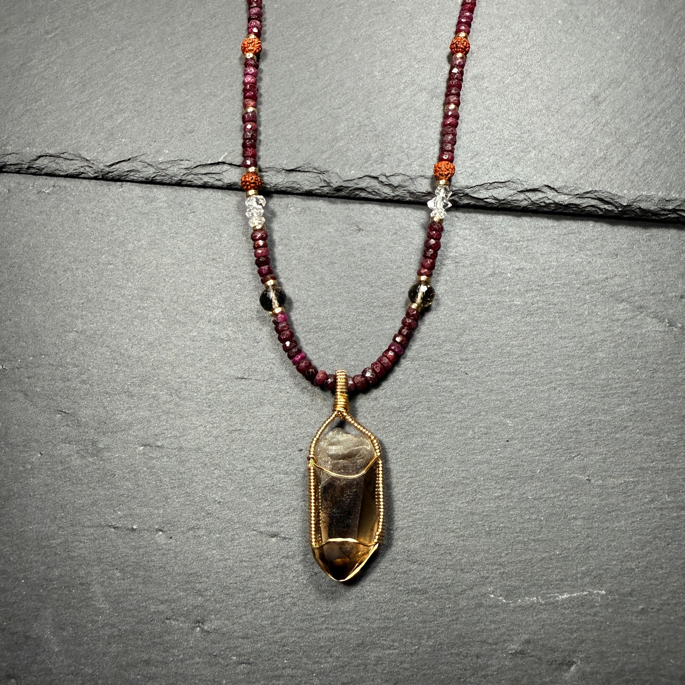 Protection Necklace Smoky Quartz, Ruby, Rudraksha