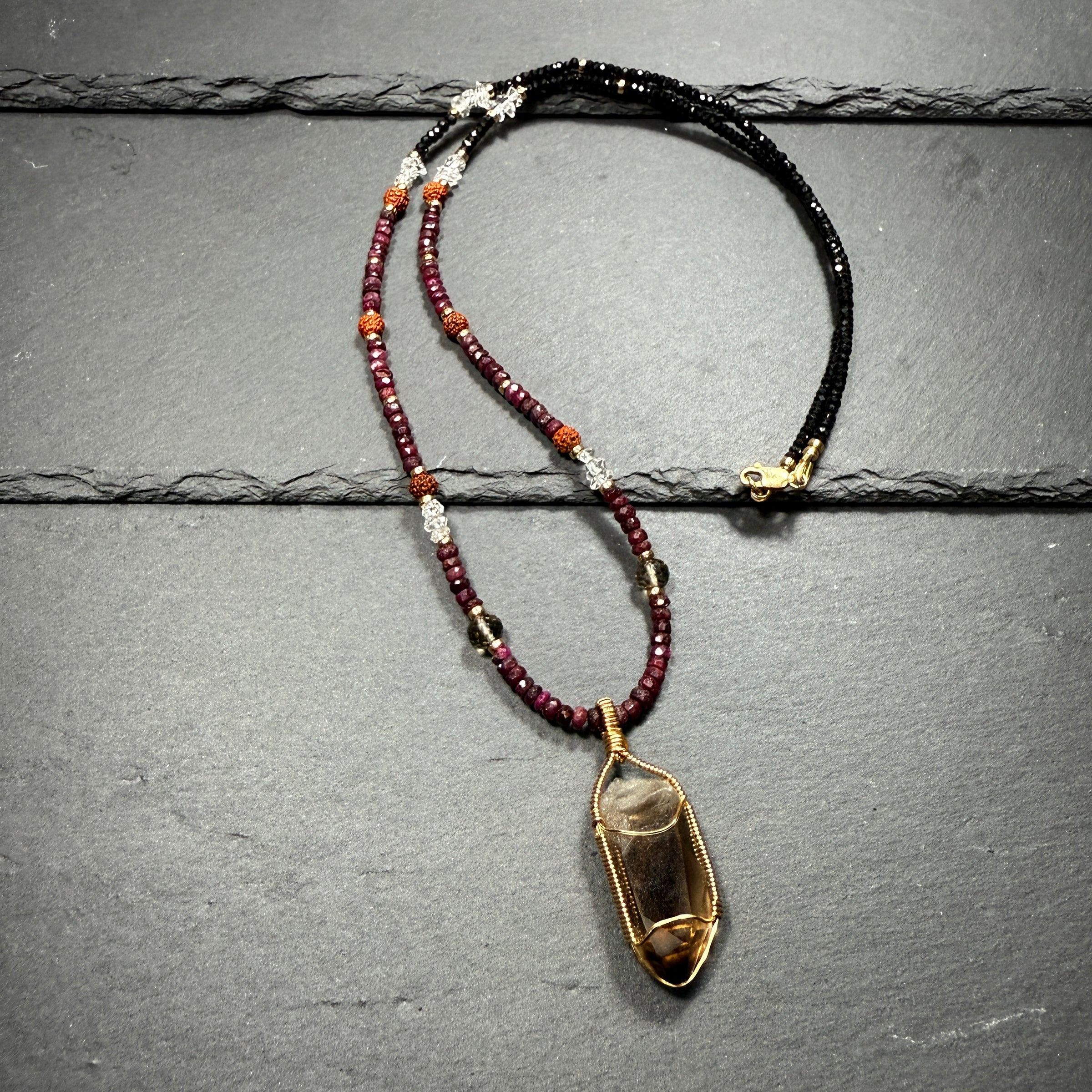 Protection Necklace Smoky Quartz, Ruby, Rudraksha