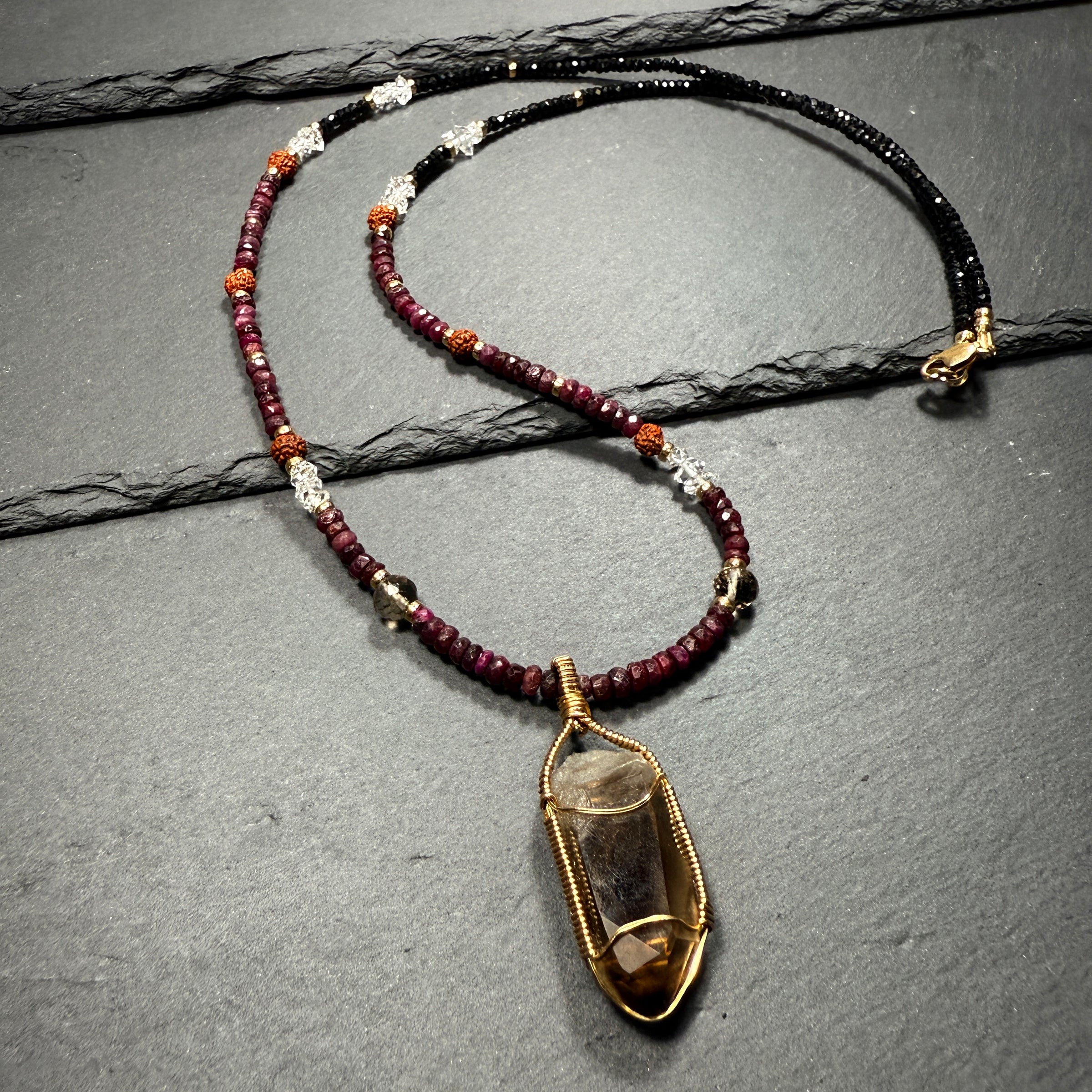 Protection Necklace Smoky Quartz, Ruby, Rudraksha