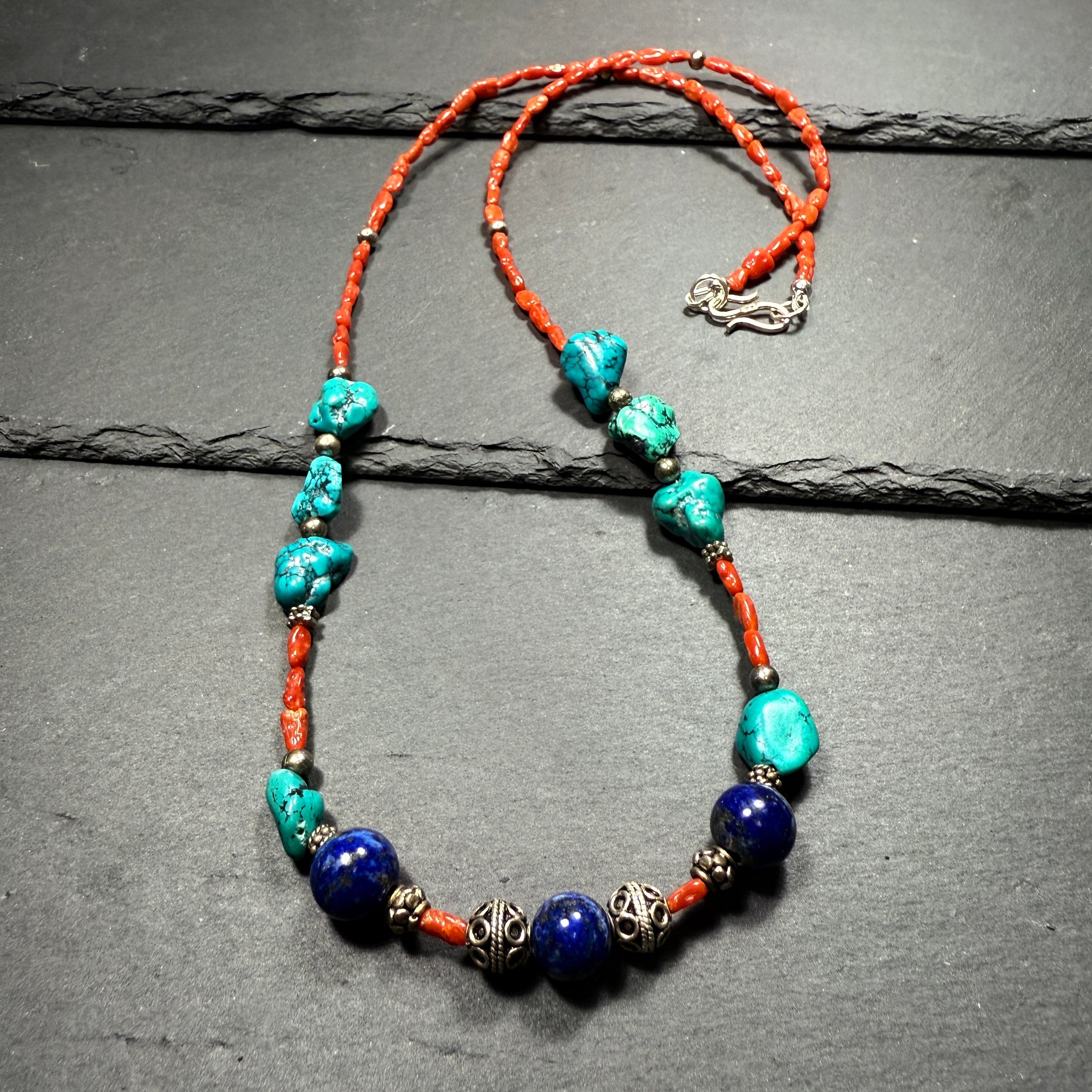 "The Summit of Sacred Wisdom" Necklace with Lapis Lazuli, Turquoise and Coral
