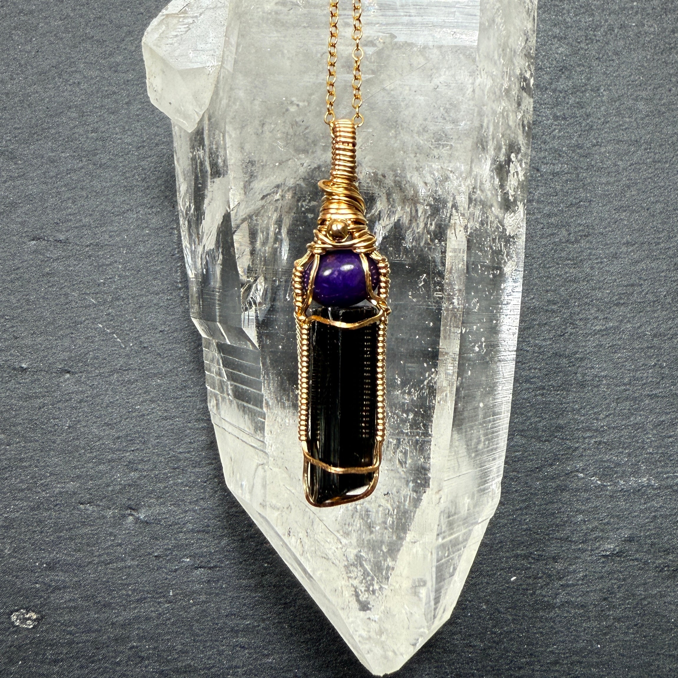 Sugilite & Black Tourmaline Crystal Pendant | Spiritual Protection