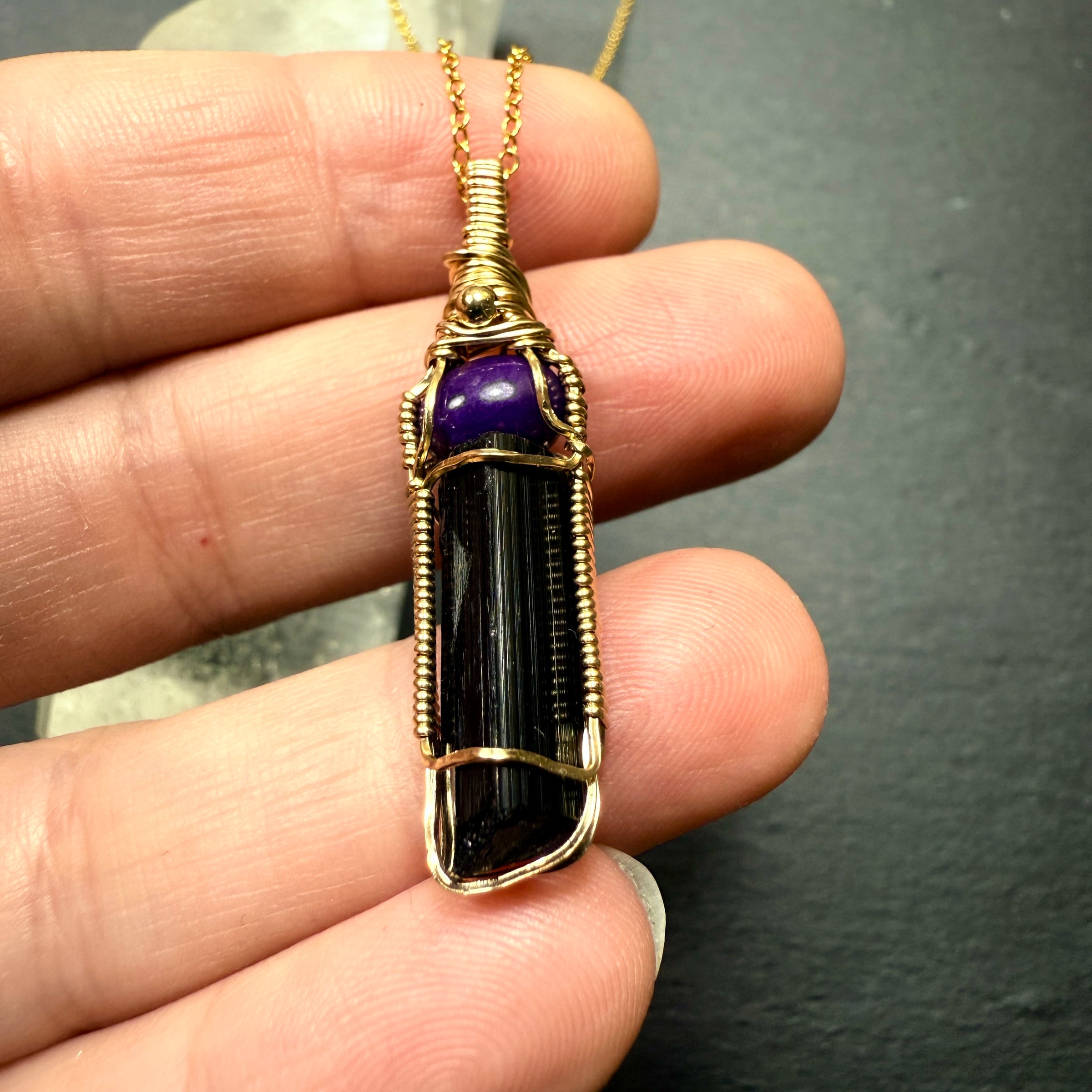 Sugilite & Black Tourmaline Crystal Pendant | Spiritual Protection