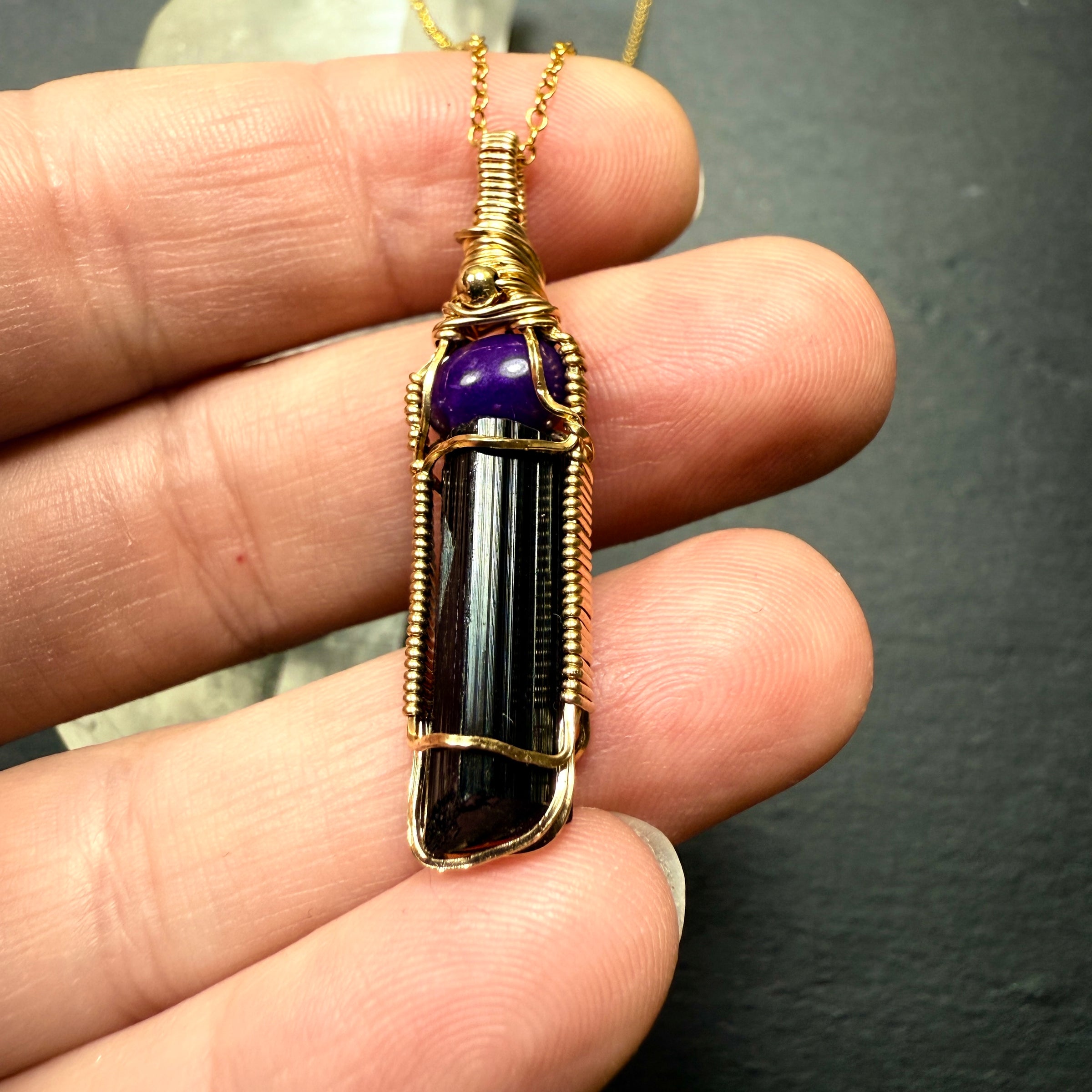 Sugilite & Black Tourmaline Crystal Pendant | Spiritual Protection