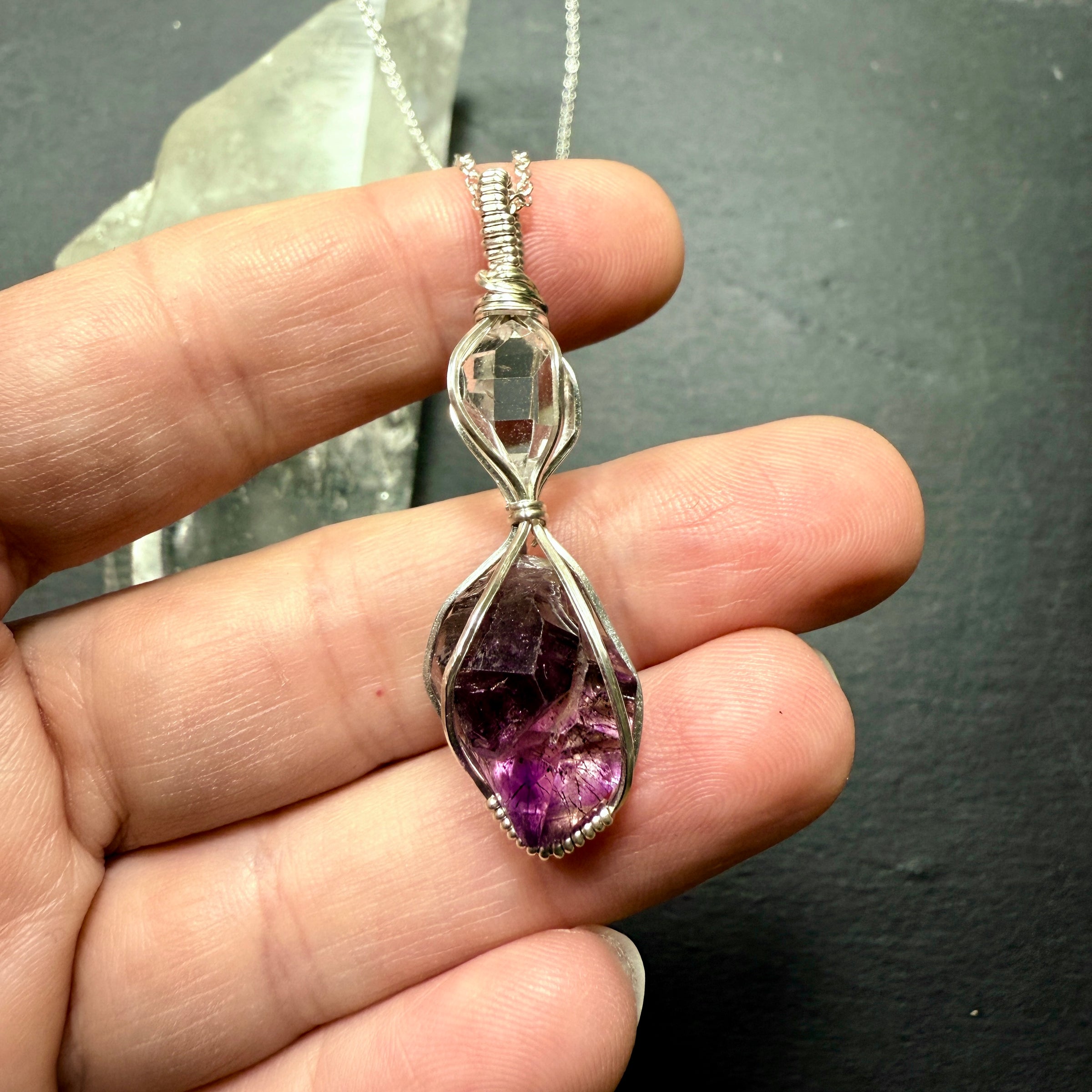 Herkimer Diamond and Super 7 Quartz Crystal Pendant