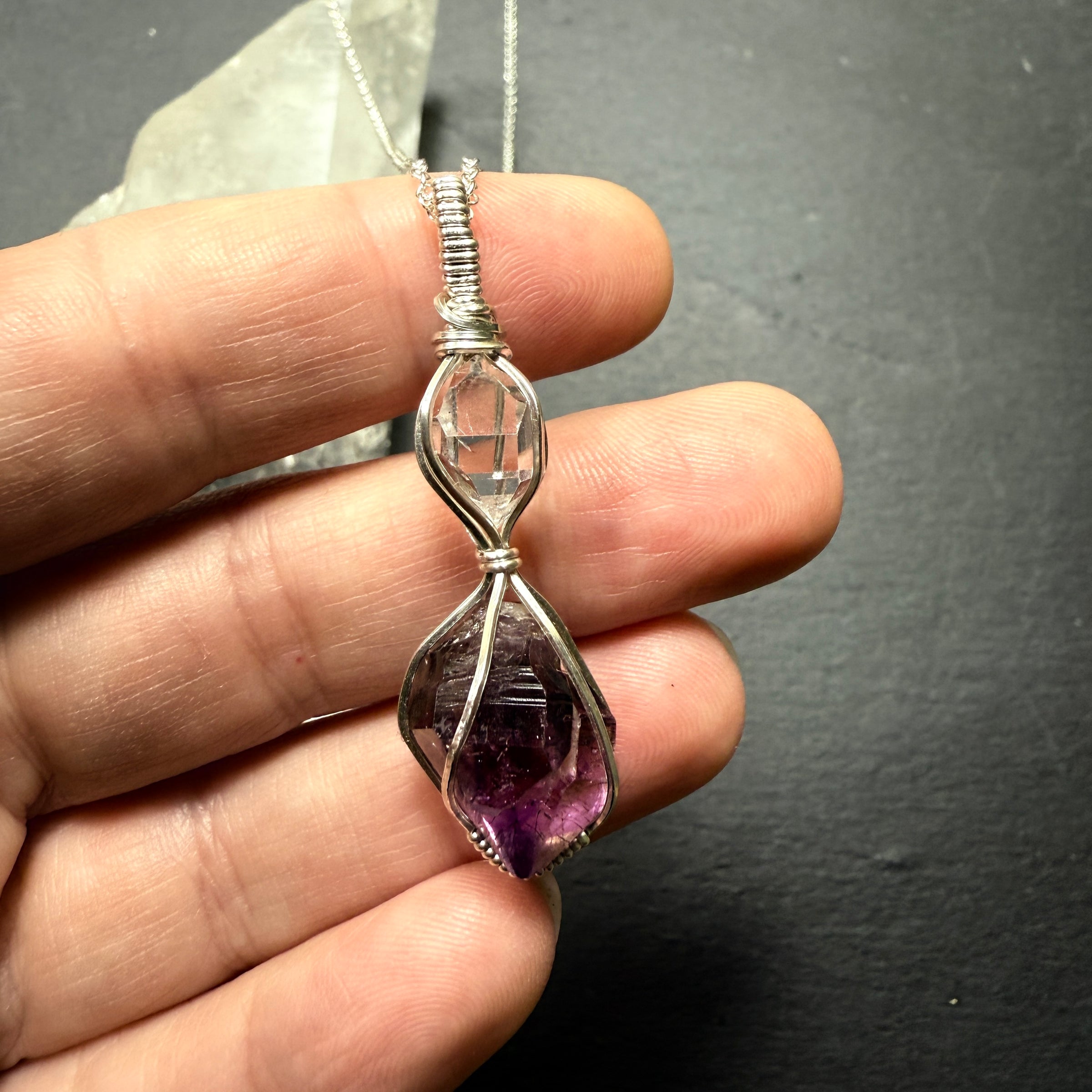 Herkimer Diamond and Super 7 Quartz Crystal Pendant