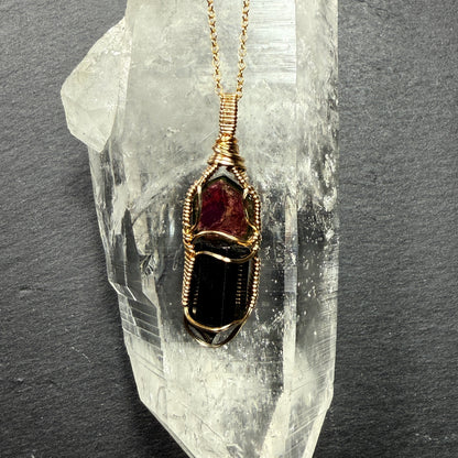 Watermelon Tourmaline Slice and Black Tourmaline Crystal Pendant