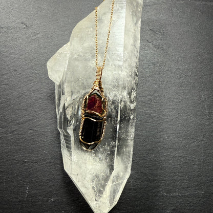 Watermelon Tourmaline Slice and Black Tourmaline Crystal Pendant