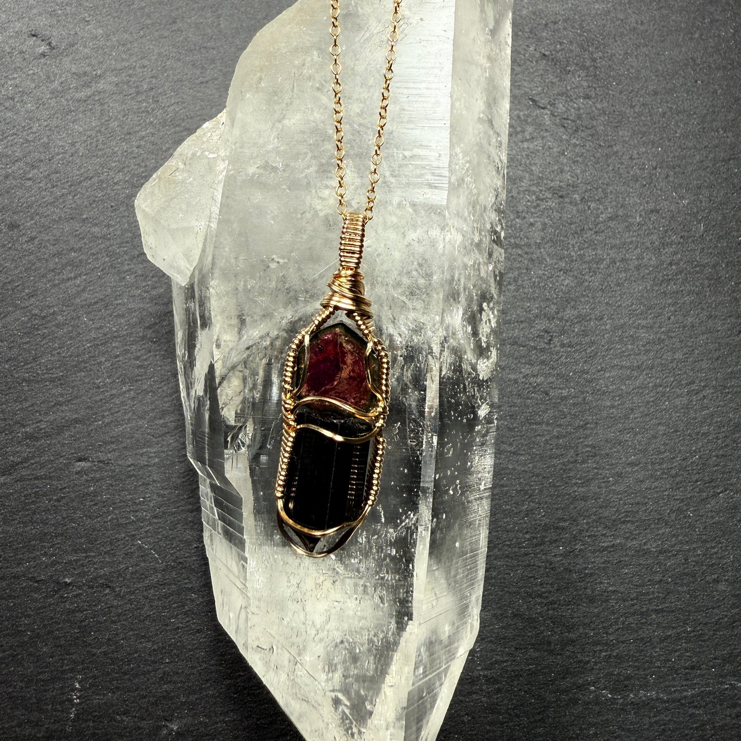 Watermelon Tourmaline Slice and Black Tourmaline Crystal Pendant